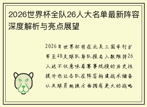 2026世界杯全队26人大名单最新阵容深度解析与亮点展望