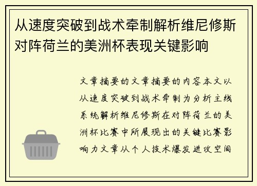 从速度突破到战术牵制解析维尼修斯对阵荷兰的美洲杯表现关键影响