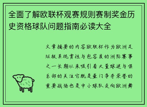 全面了解欧联杯观赛规则赛制奖金历史资格球队问题指南必读大全